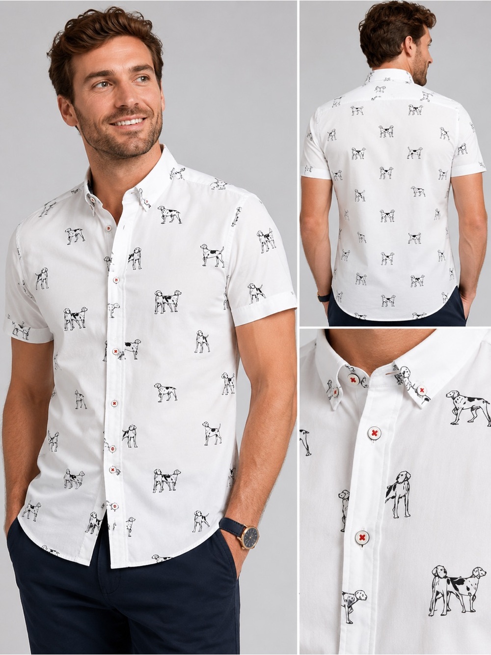 Denim & Flower Ricky Singh Dog Print Shirt Small Slim Fit Button Front NWOT